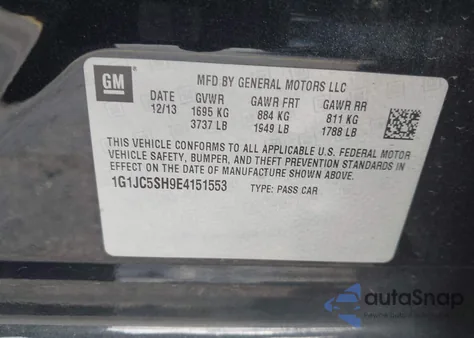 2014 Chevrolet Sonic Lt Auto из США, поврежденный, VIN 1G1JC5SH9E4151553